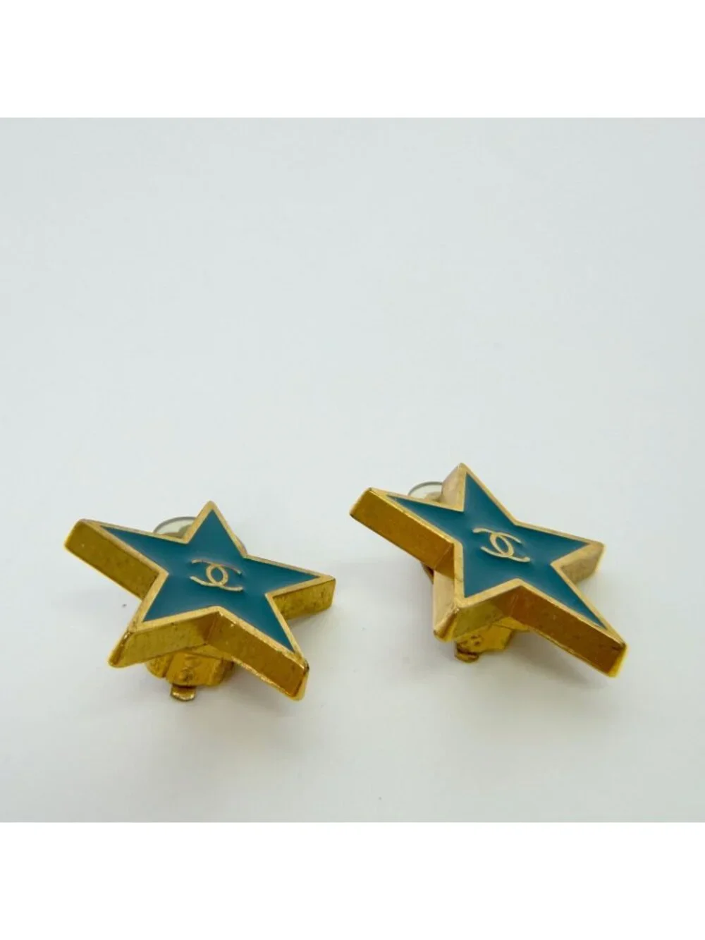 Chanel CC Logo Star Earrings Plated Turquoise Blue Gold Vintage